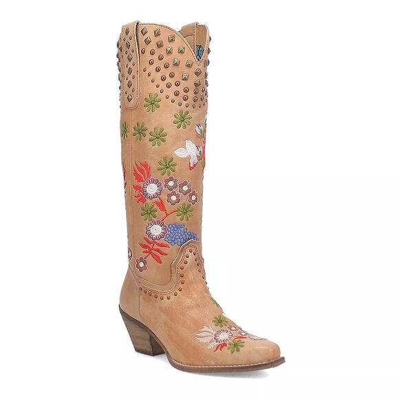 dingo Shoes - Dingo Poppy women's Flower Embroidery Studded leather cowgirl boots Tan Size 9